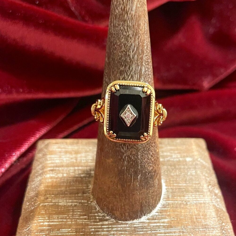 Gold Onyx Rectangle Ring with Diamond Accent